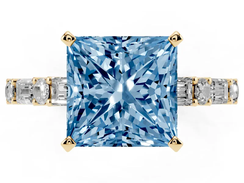 Fancy Blue Princess Cut Diamond Solitaire Set in Yellow gold with Side Baguettes and Channel Set Band