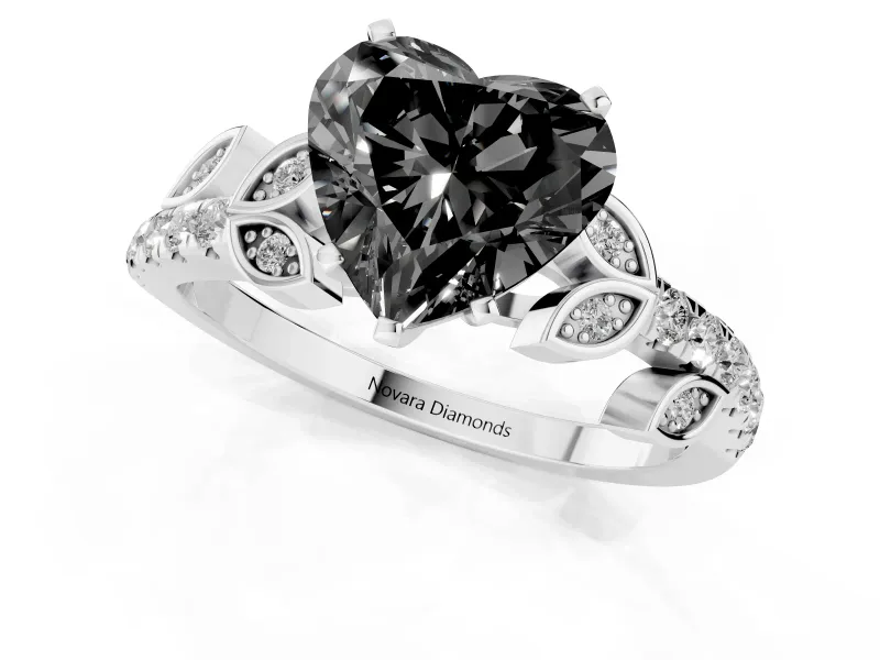 Heart-Shaped Leaf Pavé Engagement Ring Setting for a Black Center | White Gold