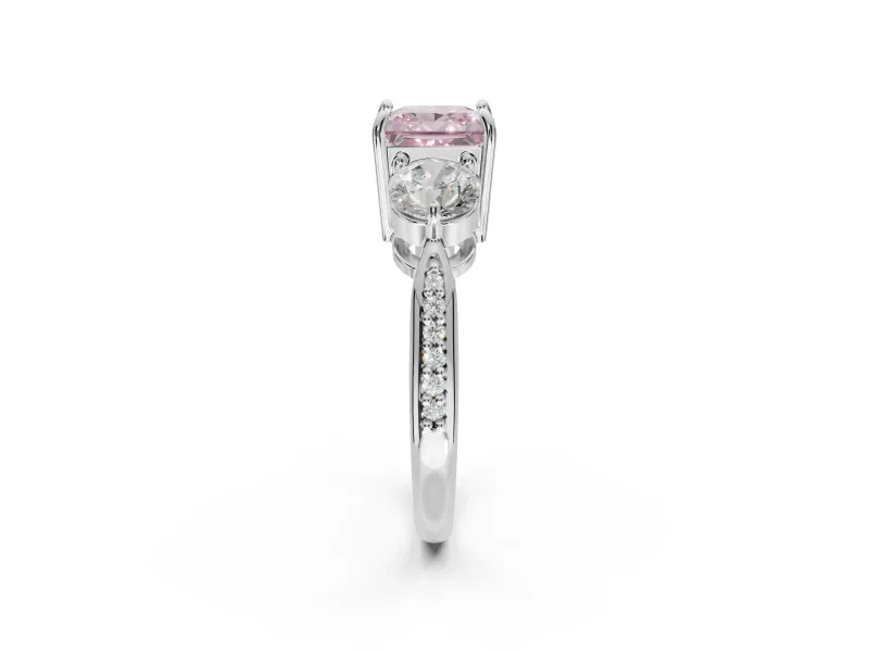 Princess Cut Three Stone Engagement Ring Setting for a Fancy Pink Lab-Grown Diamond | Tapered Pave Band | White Gold
