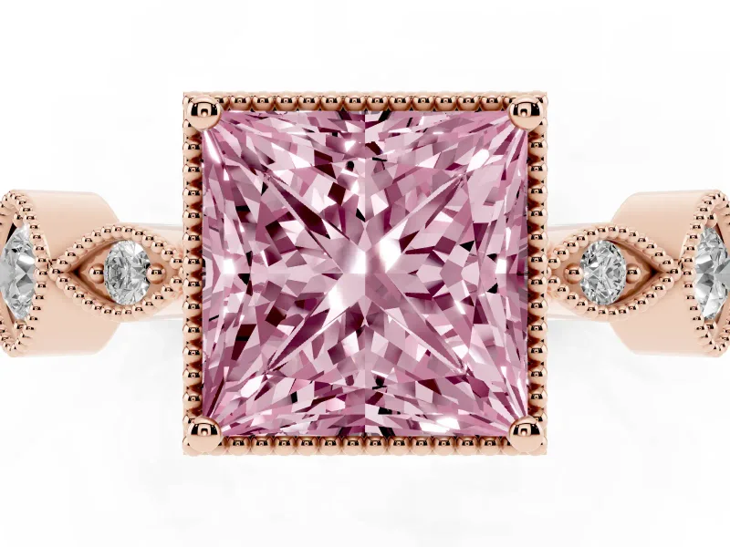 Fancy Pink Princess Cut Diamond Vintage-Inspired Milgrain Ring Set in Rose gold with Marquise Stations of Round Accents