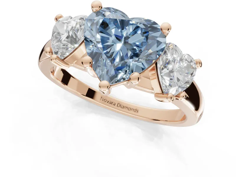 Heart-Shaped Three Stone Engagement Ring Setting for a Fancy Blue Lab-Grown Diamond | Wide Tapered Shoulders | Rose Gold