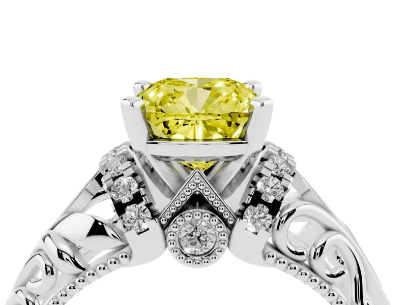 Fancy Yellow Cushion Cut Diamond Filigree Halo Engagement Ring Set in Silver with Prong Setting