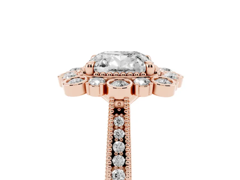 Cushion Cut Diamond Halo Milgrain Pavé Ring Set in Rose gold with Prong Setting