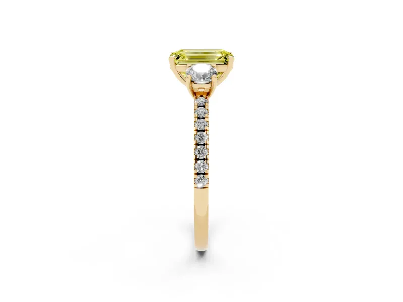 Emerald Cut Three Stone Engagement Ring Setting for a Fancy Yellow Lab-Grown Diamond | Pave Shoulders | Yellow Gold