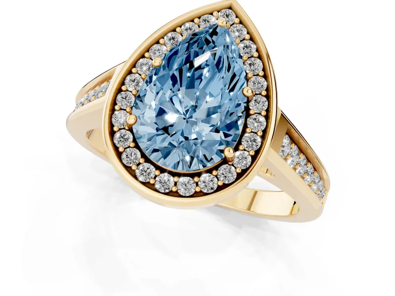 Fancy Blue Pear Cut Diamond Halo Solitaire Ring Set in Yellow gold with Pavé Band and Bezel Setting