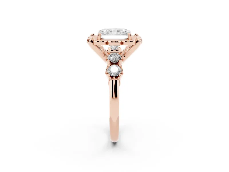 Radiant Cut Floral Engagement Ring Setting | Petal Frame and Side Stones | Rose Gold
