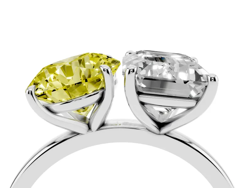 Fancy Yellow Round Cut and Emerald Cut Toi Moi Ring Set in Silver with Prong Setting