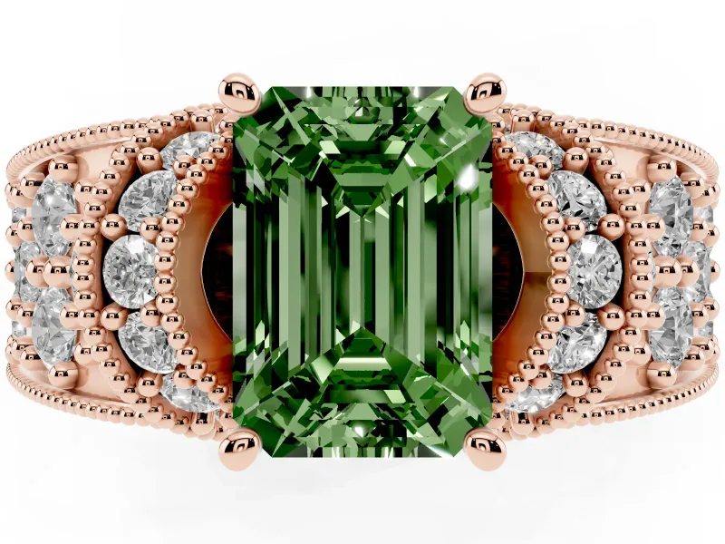 Emerald Cut Vintage Pave Engagement Ring Setting for a Fancy Green Lab-Grown Diamond | Milgrain Edges | Rose Gold