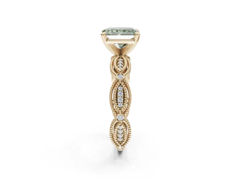 Radiant Cut Vintage Engagement Ring Setting for a Fancy Green Lab-Grown Diamond | Graduated Stations | Yellow Gold
