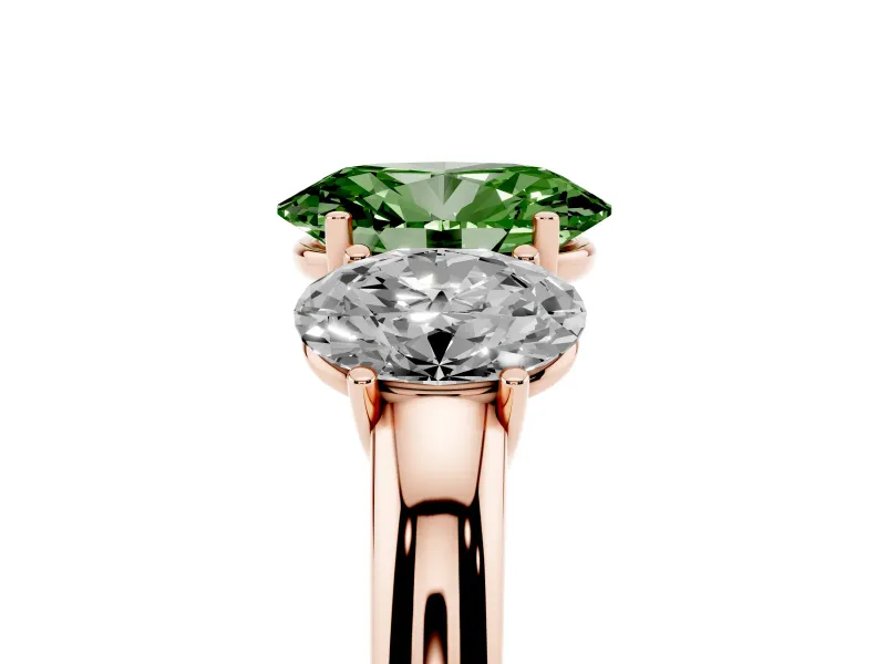 Fancy Green Oval Cut Diamond Three-Stone Ring Set in Rose gold with Bold Center and Classic Band