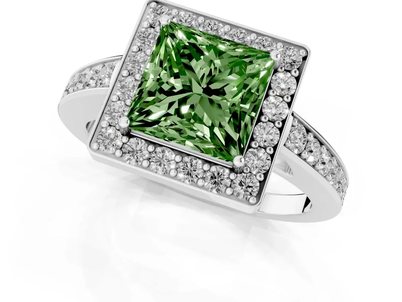 Fancy Green Princess Cut Diamond Halo Pavé Engagement Ring Set in Platinum with Bezel Setting