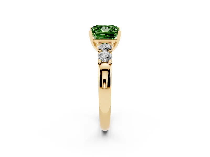 Fancy Green Princess Cut Diamond Five-Stone Prong Set Engagement Ring Set in Yellow gold with Channel Band