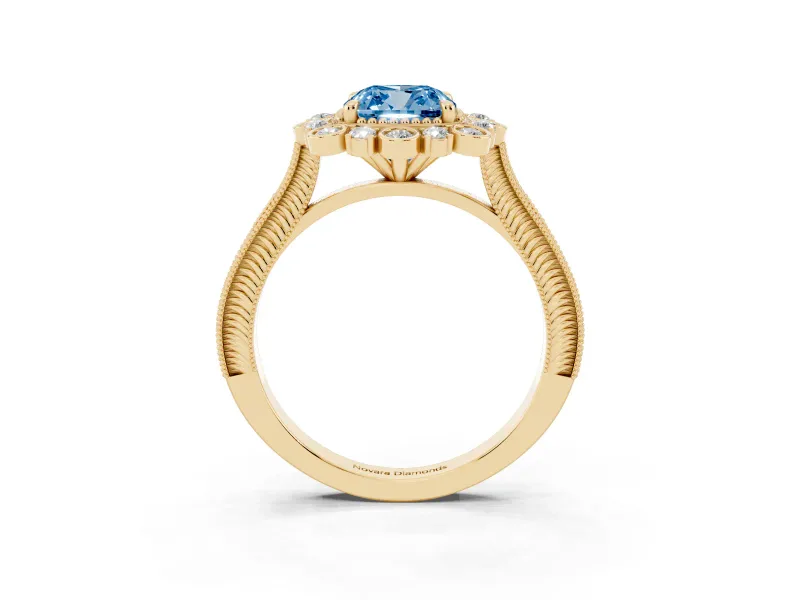 Cushion Cut Scalloped Halo Engagement Ring Setting for a Fancy Blue Lab-Grown Diamond | Milgrain Edges | Yellow Gold