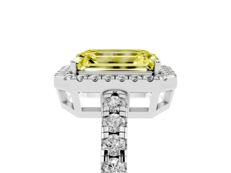 Emerald Cut Halo Engagement Ring Setting for a Fancy Yellow Lab-Grown Diamond | Graduated Pavé Band | Platinum
