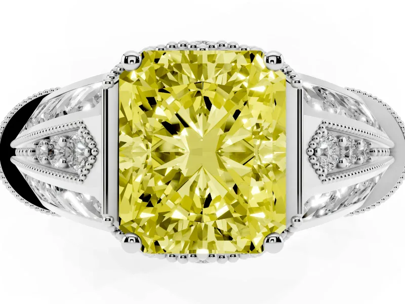 Fancy Yellow Radiant Cut Diamond Vintage-Inspired Milgrain Ring Set in White gold with Accent Split Shank