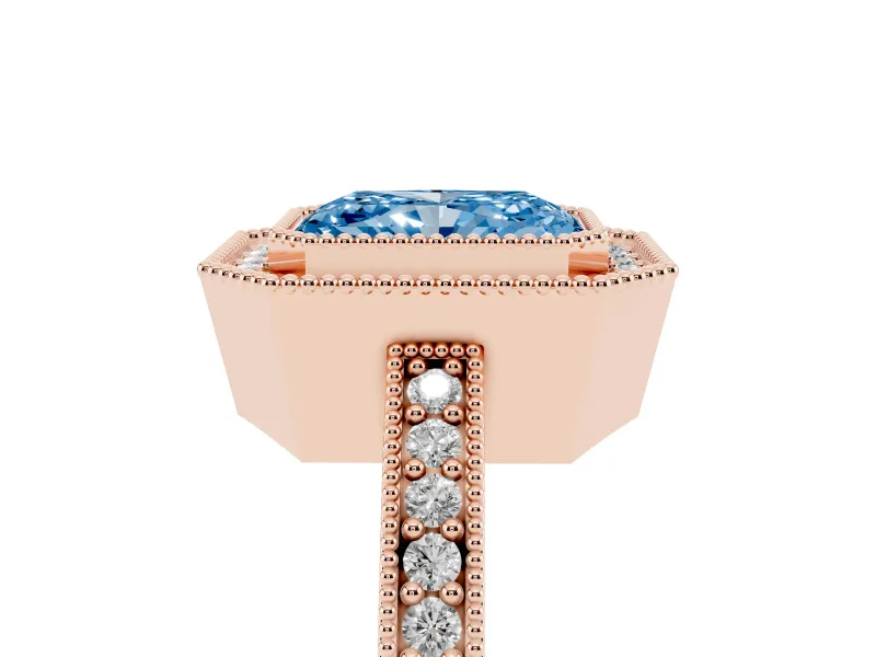 Radiant Cut Milgrain Halo Engagement Ring Setting for a Fancy Blue Lab-Grown Diamond | Pave Band | Rose Gold