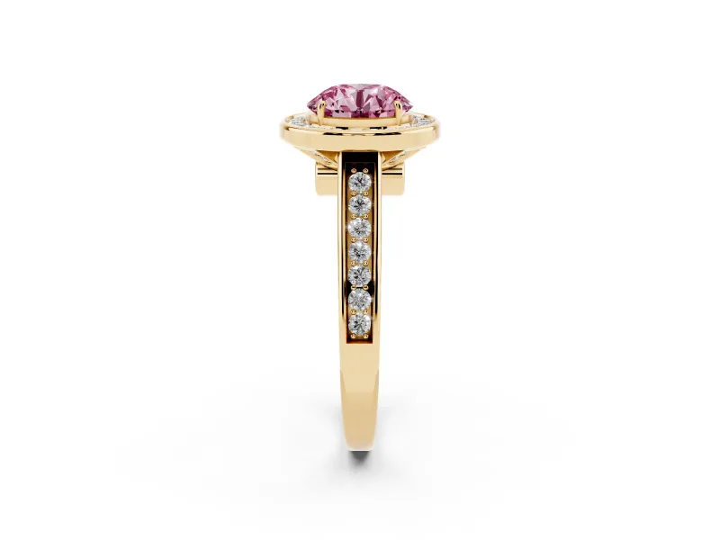 Fancy Pink Round Cut Diamond Halo Solitaire Ring Set in Yellow gold with Pavé Band and Bezel Setting