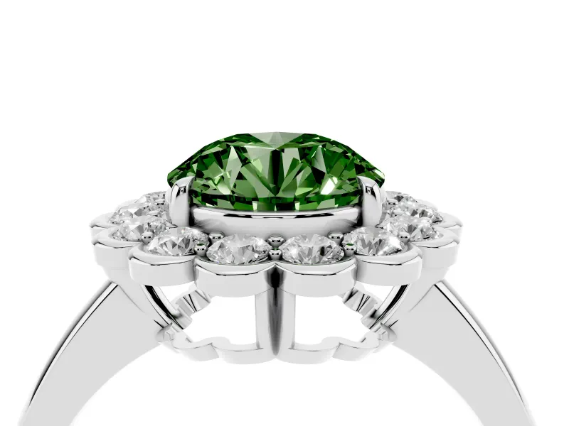 Round Scalloped Cluster Halo Engagement Ring Setting for a Fancy Green Lab-Grown Diamond | Plain Band | Platinum