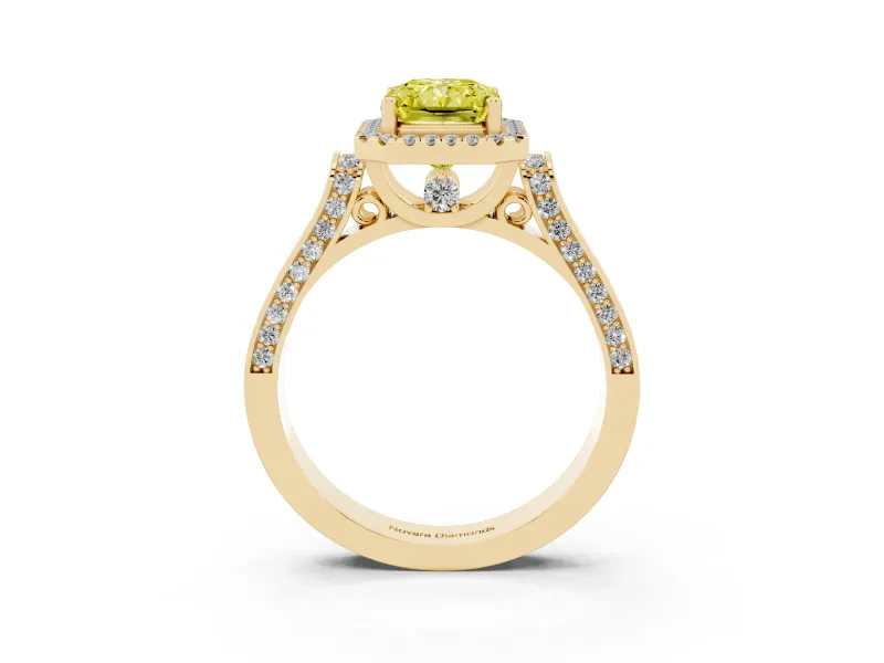 Radiant Cut Halo Engagement Ring Setting for a Fancy Yellow Lab-Grown Diamond | Pavé Panel Shoulders | Yellow Gold