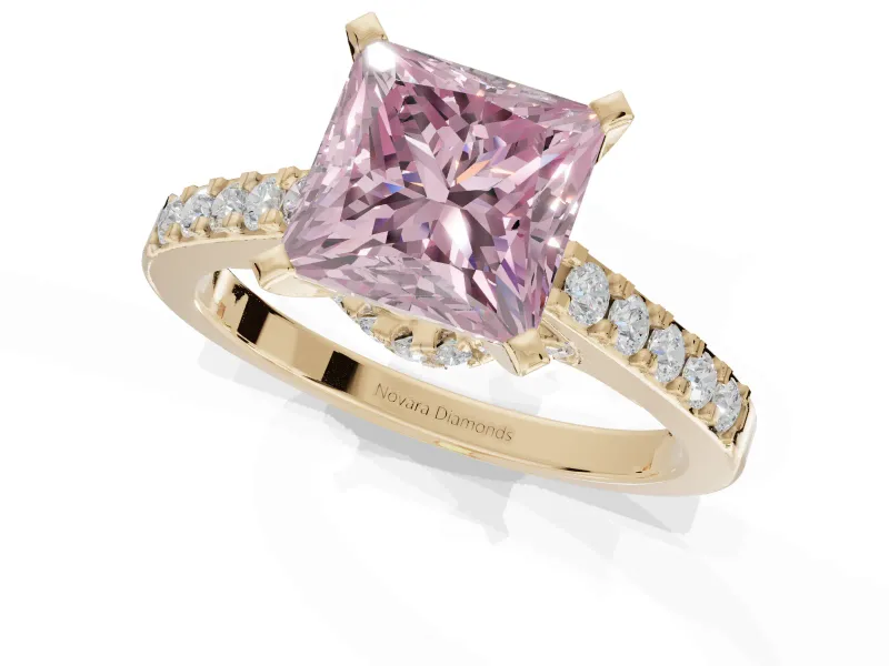 Princess Cut Pavé Solitaire Engagement Ring Setting for a Fancy Pink Lab-Grown Diamond | Crossover Gallery | Yellow Gold