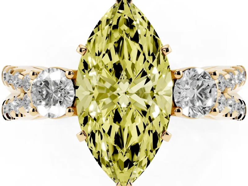Fancy Yellow Marquise Cut Diamond Three-Stone Ring Set in Yellow gold with Pavé Split Shank and Prong Setting