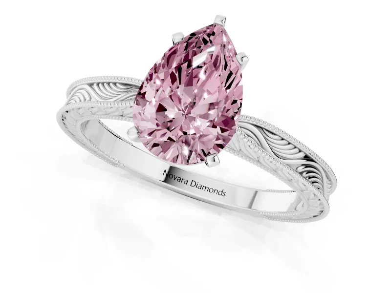Fancy Pink Pear Cut Diamond Solitaire Milgrain Engraved Band Set in Platinum with Prong Setting