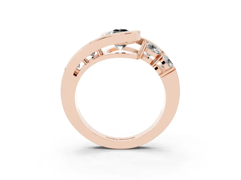 Fancy Black Pear Cut Diamond Bezel Bypass Ring Set in Rose gold with Round Accents