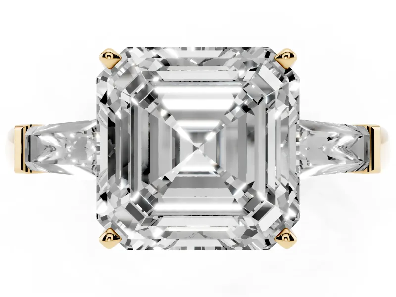Asscher Cut Diamond Solitaire Ring Set in Yellow gold with Tapered Baguette Side Stones and Prong Setting