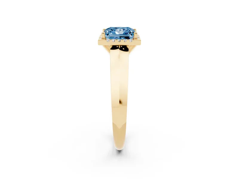 Fancy Blue Princess Cut Diamond Halo Ring Set in Yellow gold with Cathedral Band and Prong Setting