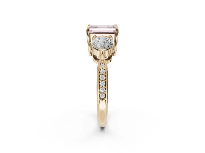 Emerald Cut Three Stone Engagement Ring Setting for a Fancy Pink Lab-Grown Diamond | Tapered Pave Band | Yellow Gold