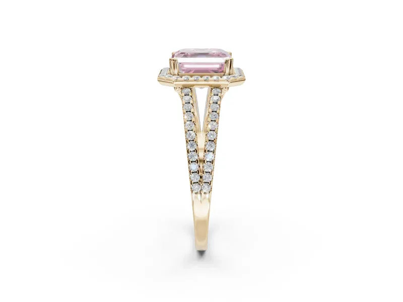 Asscher Cut Halo Split Shank Engagement Ring Setting for a Fancy Pink Lab-Grown Diamond | Pavé Shoulders | Yellow Gold