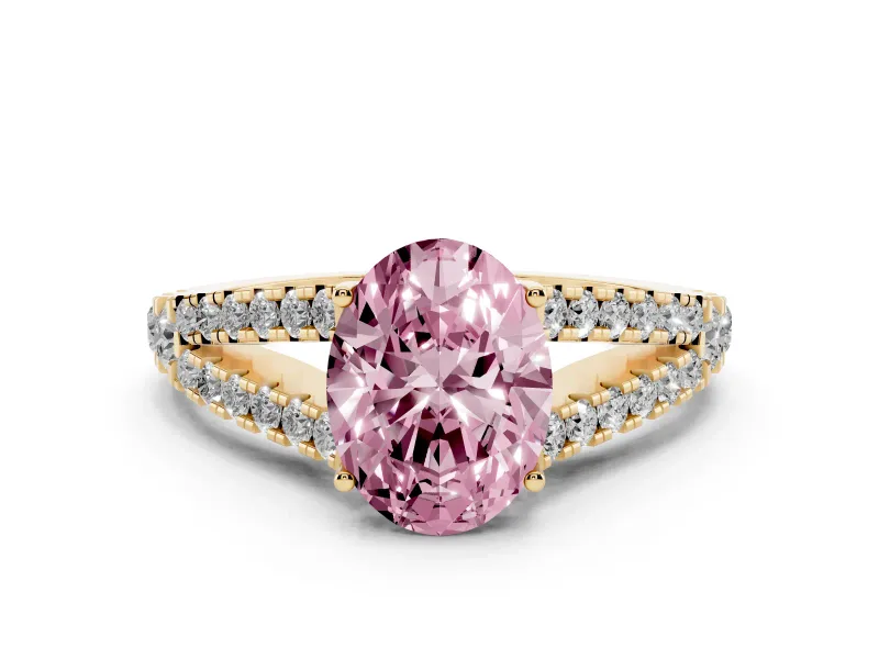Fancy Pink Oval Cut Diamond Split Shank Pavé Engagement Ring Set in Yellow gold with Prong-Held Center Stone