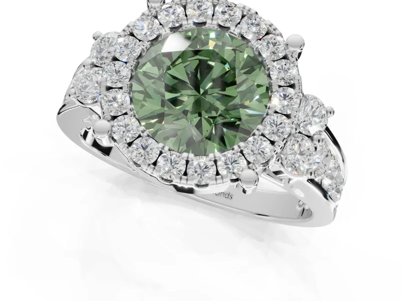 Round Halo Engagement Ring Setting for a Fancy Green Lab-Grown Diamond | Side Clusters | Platinum