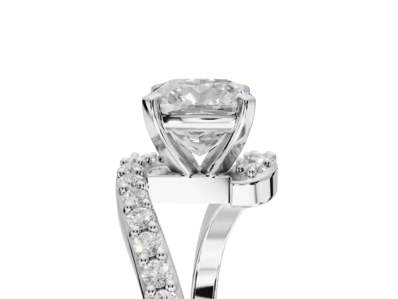 Cushion Cut Bypass Pavé Solitaire Engagement Ring Setting | Swirl Band | White Gold