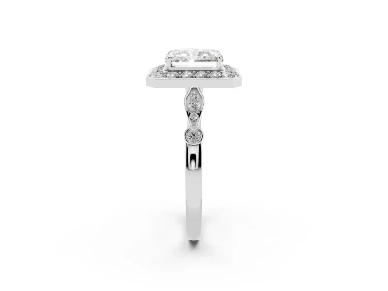 Radiant Cut Vintage Halo Engagement Ring Setting | Bezel Station Shoulders | Sterling Silver