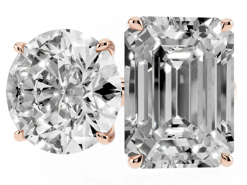 Round Cut and Emerald Cut Toi Moi Ring Set in Rose gold with Prong Setting