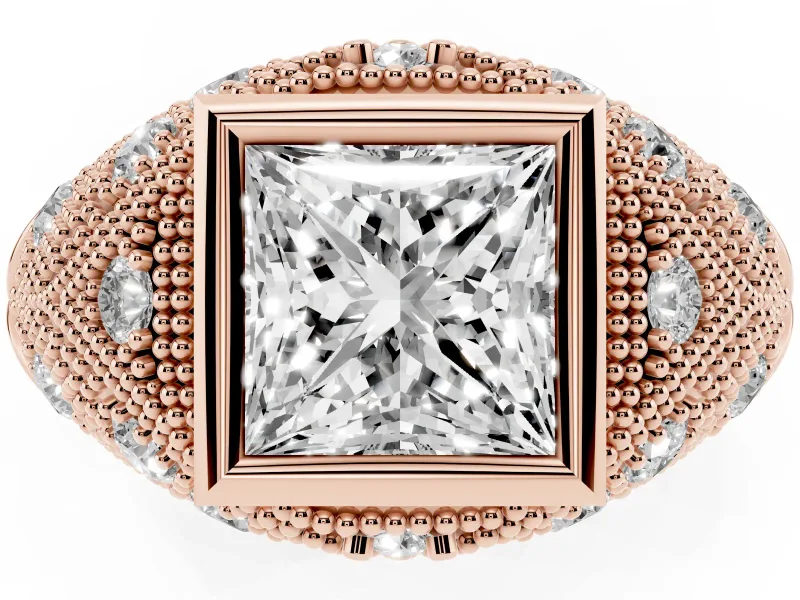Princess Cut Vintage Bezel Engagement Ring Setting | Beaded Paisley Shoulders | Rose Gold