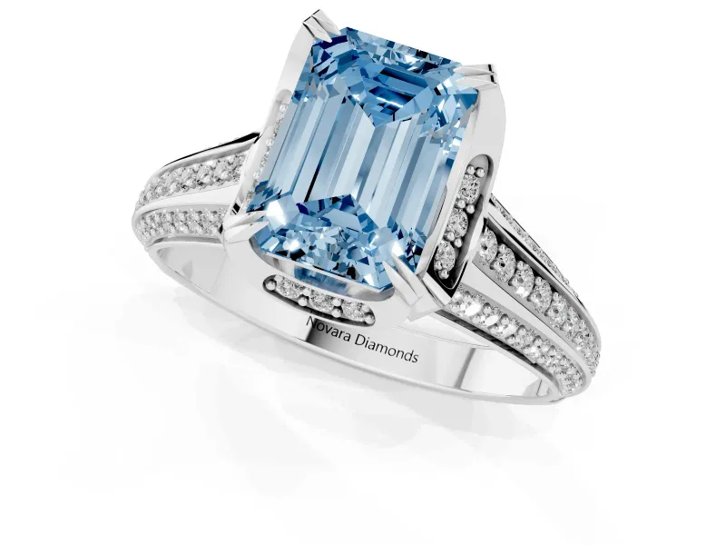 Fancy Blue Emerald Cut Diamond Pavé Split Shank Solitaire Ring Set in Silver with Prong Setting