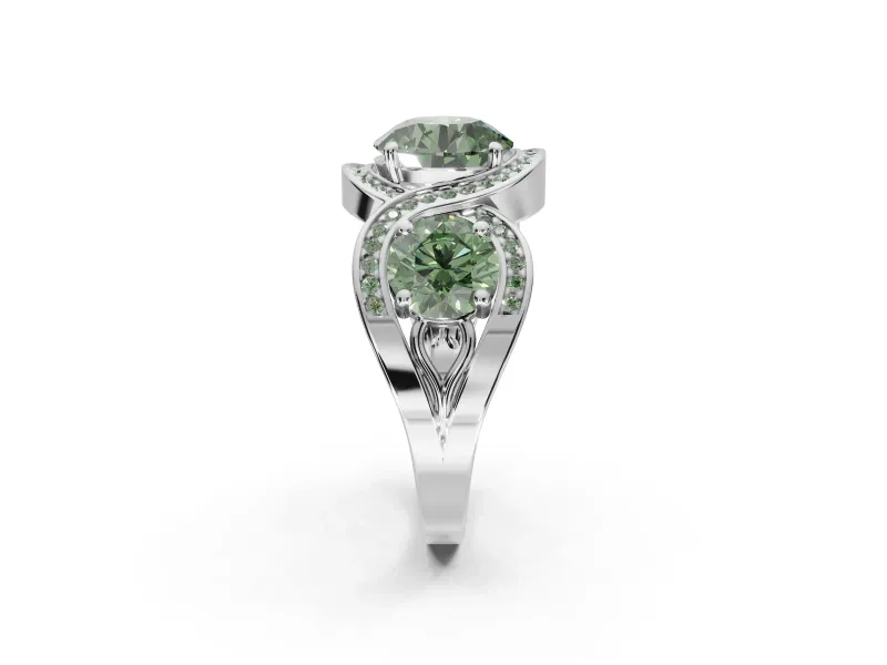 Round Three Stone Halo Engagement Ring Setting for a Fancy Green Lab-Grown Diamond | Pavé Wave Band | Sterling Silver