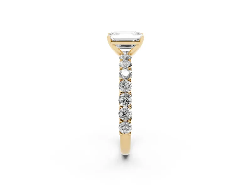Emerald Cut Shared Prong Engagement Ring Setting | Two-Row Band | Yellow Gold