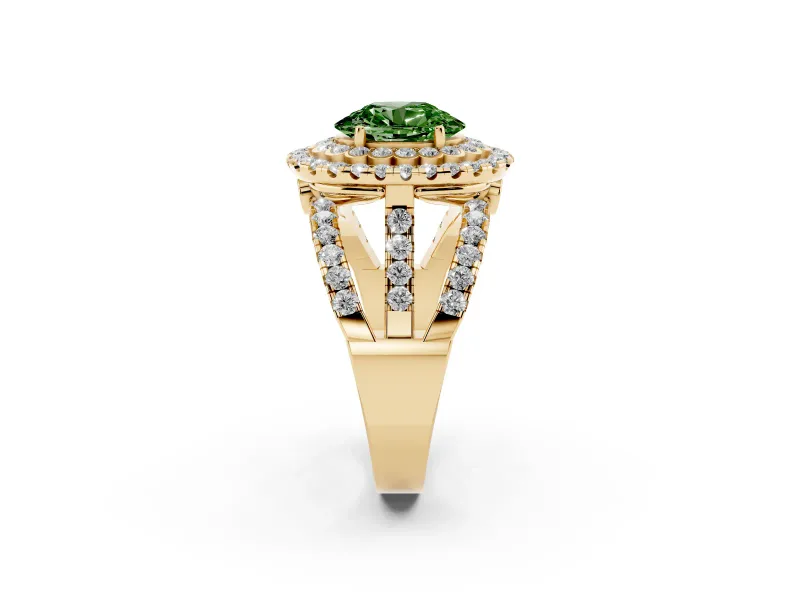 Oval Double Halo Split Shank Engagement Ring Setting for a Fancy Green Lab-Grown Diamond | Pave Strands | Yellow Gold