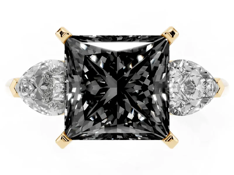 Fancy Black Three-Stone Princess Cut Diamond Ring Set in Yellow gold with Pear Side Stones and Prong Setting