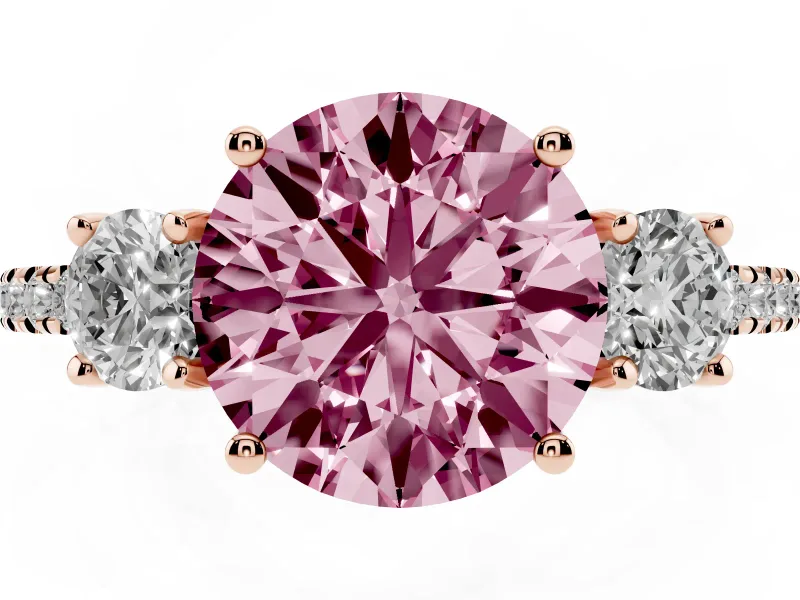 Round Three Stone Engagement Ring Setting for a Fancy Pink Lab-Grown Diamond | Pave Shoulders | Rose Gold