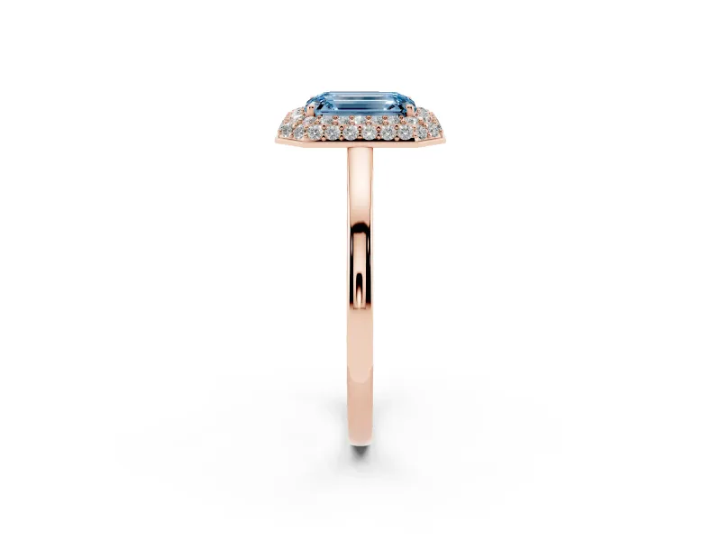 Emerald Cut Pave Halo Engagement Ring Setting for a Fancy Blue Lab-Grown Diamond | Slim Plain Band | Rose Gold