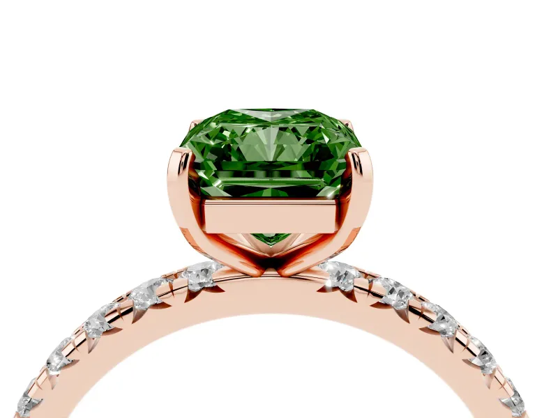 Fancy Green Radiant Cut Diamond Pavé Solitaire Ring Set in Rose gold with Round Band and Prong Setting