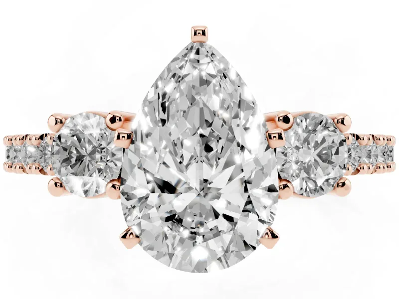 Pear-Shaped Three Stone Pavé Engagement Ring Setting | Round Side Stones | Rose Gold