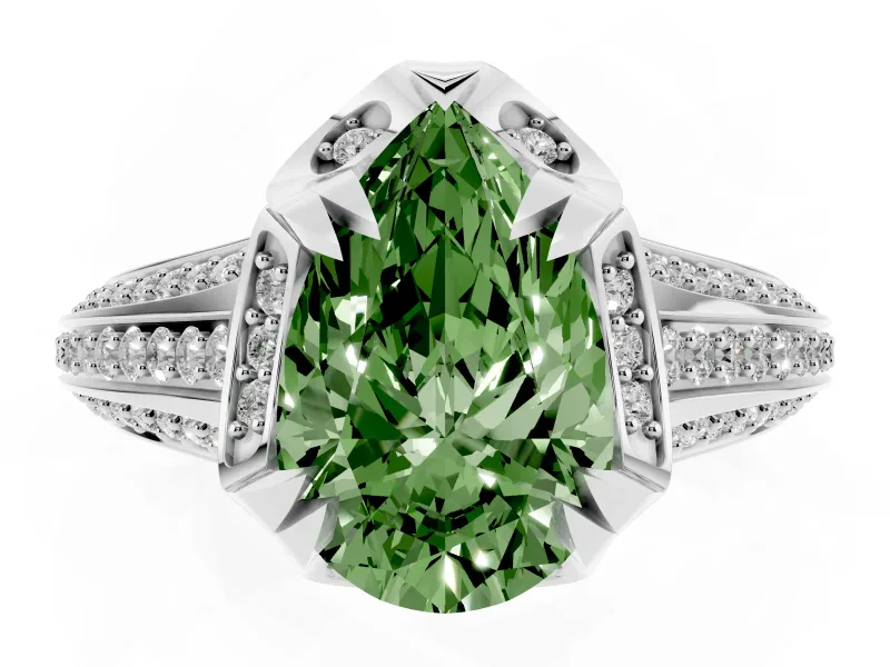 Fancy Green Pear Cut Diamond Pavé Split Shank Solitaire Ring Set in Platinum with Prong Setting