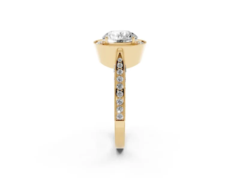 Round Vintage Milgrain Halo Engagement Ring Setting | Side Stones and Pave | Yellow Gold
