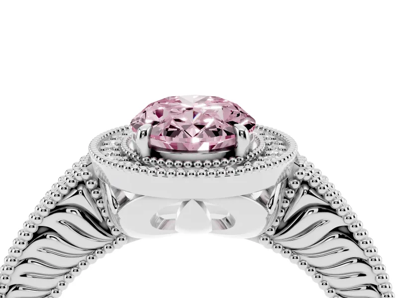 Fancy Pink Oval Cut Diamond Halo Ring Set in Silver with Round Accent Halo, Pavé Band and Prong Setting