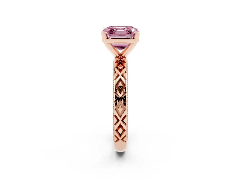 Fancy Pink Asscher Cut Diamond Solitaire Ring Set in Rose gold with Milgrain and Black Enamel X Pattern Band